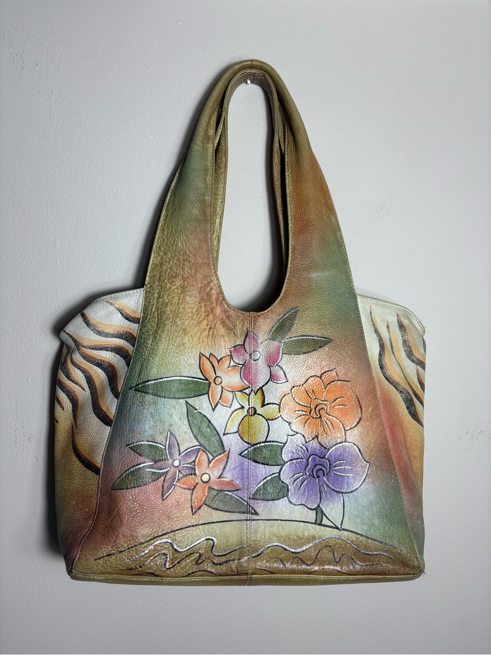 80s VTG Great American Leatherworks Hand Painted Floral Zebra Leather Tote Bag